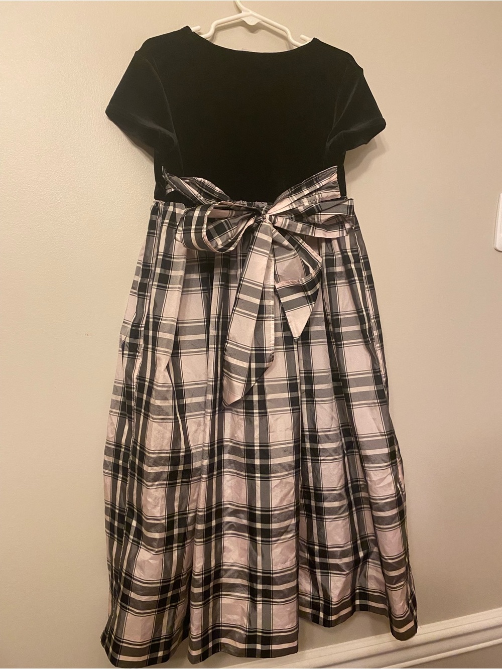 Hartstrings Black Velvet Top with Cream & Black Plaid Skirt Dress